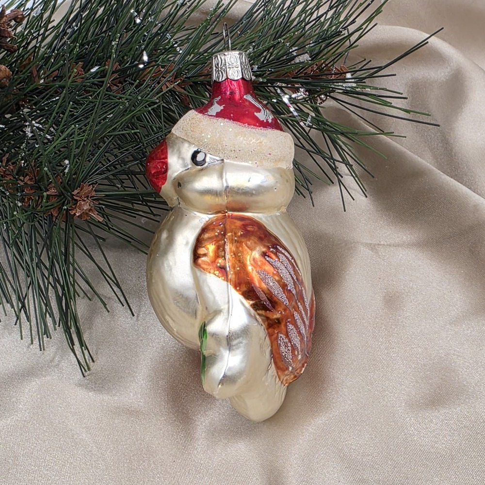 VTGโ Czech Glass Parrot Bird Christmas Ornament Red Santa Hat Poland Style